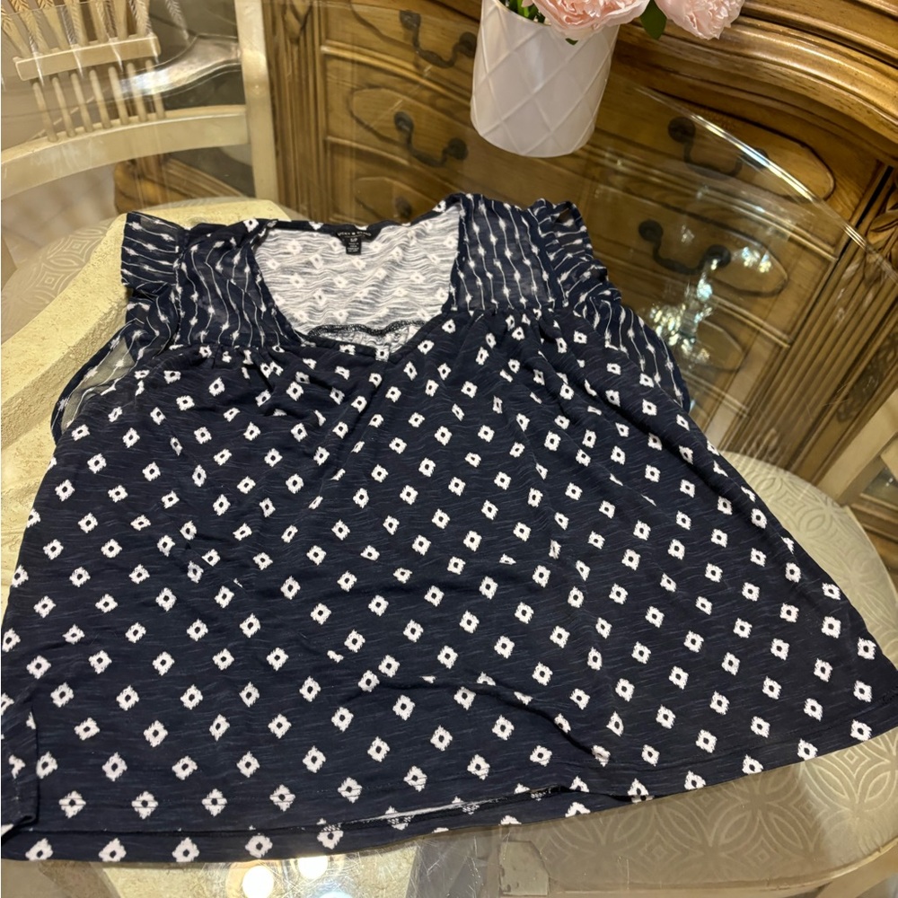 Lucky Brand Navy and White Geometric Blouse